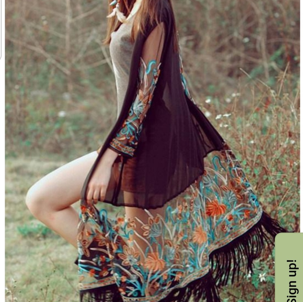 Black Bohemian embroidered beach cover up